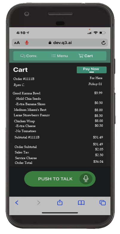 Mobile Phone Cart- Q3 Juice Bar- Transparent Xina AI speeds up the ordering process by using natural language processing for our voice ordering chatbot