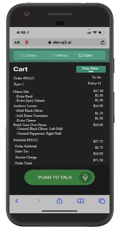 Mobile Phone Cart– Q3 Pizza Xina AI speeds up the ordering process by using natural language processing for our voice ordering chatbot