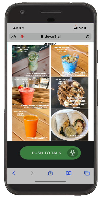 Mobile Phone Menu- Q3 Juice Bar-transparent Xina AI speeds up the ordering process by using natural language processing for our voice ordering chatbot
