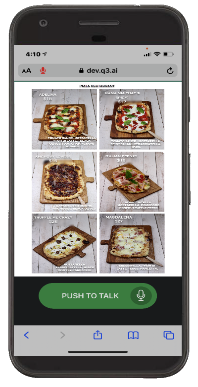 Mobile Phone Menu- Q3 Pizza Xina AI speeds up the ordering process by using natural language processing for our voice ordering chatbot