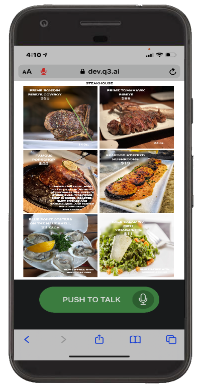 Mobile Phone Menu- Q3 Steakhouse-Final Xina AI speeds up the ordering process by using natural language processing for our voice ordering chatbot