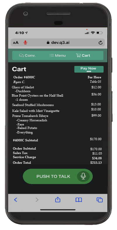 Moble Phone Cart- Q3 Steakhouse- Final Xina AI speeds up the ordering process by using natural language processing for our voice ordering chatbot
